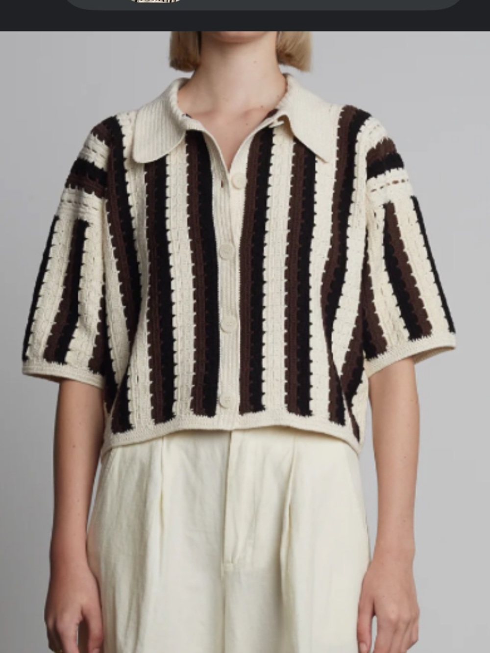 Cropped Button-Up Knit Polo Sweater in Cream and Brown